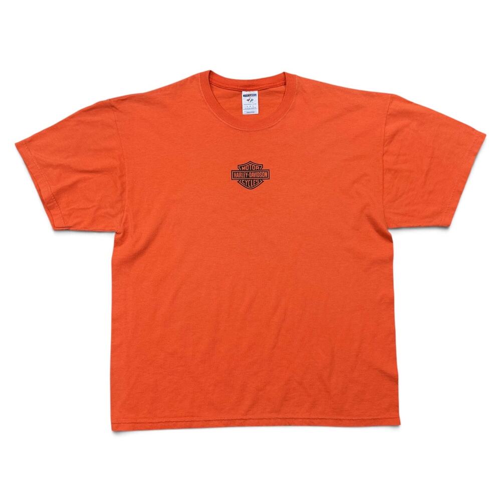 Vintage Y2K Harley Davidson T Shirt Orange Black Logo Jerzees XL Biker Halloween